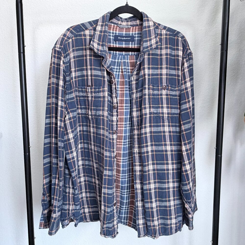 Tommy Bahama Mens Blue Orange Plaid Cotton Button Up Long Sleeve Size 2XL